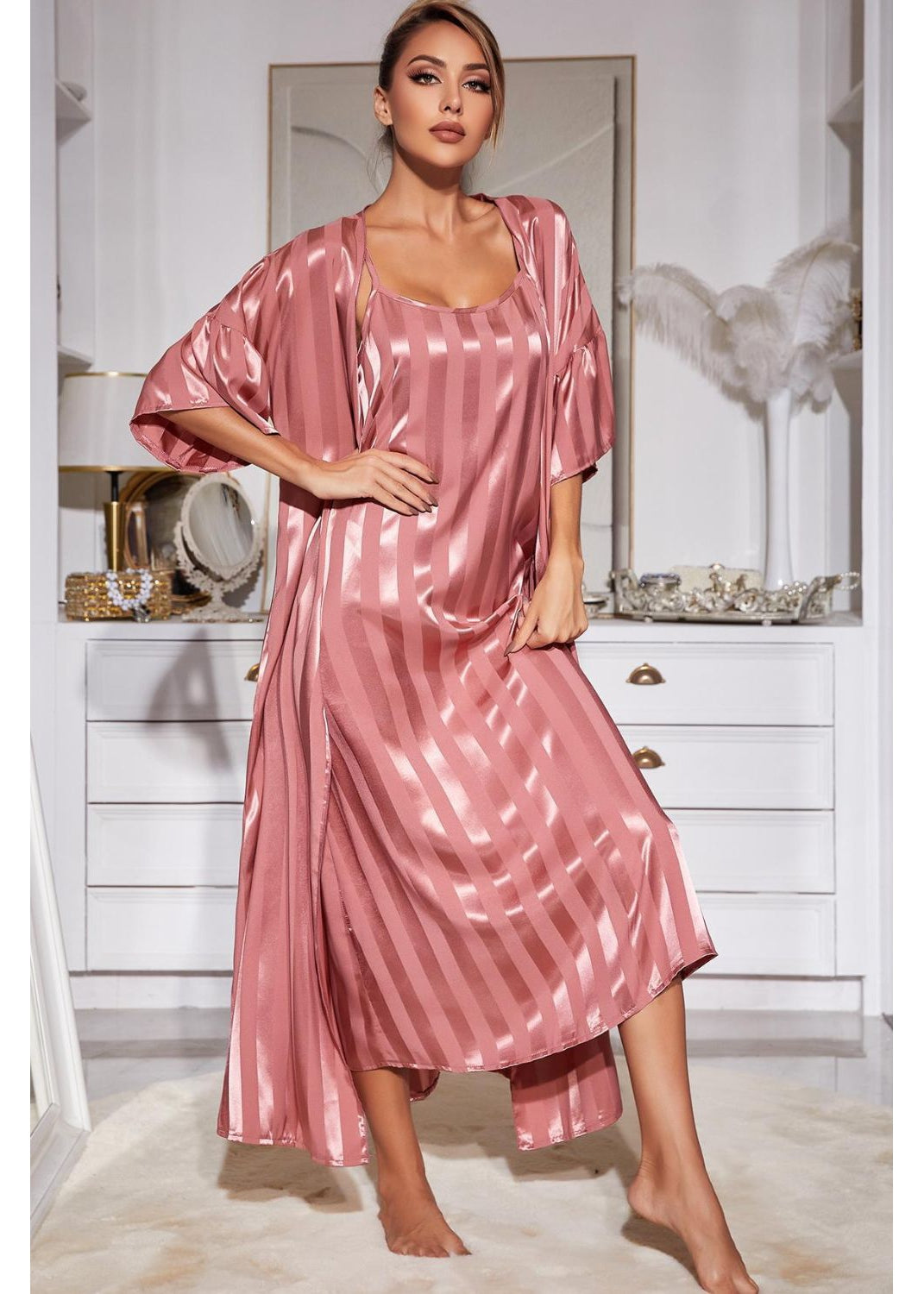 Gray Striped Flounce Sleeve Open Front Robe and Cami Dress Set