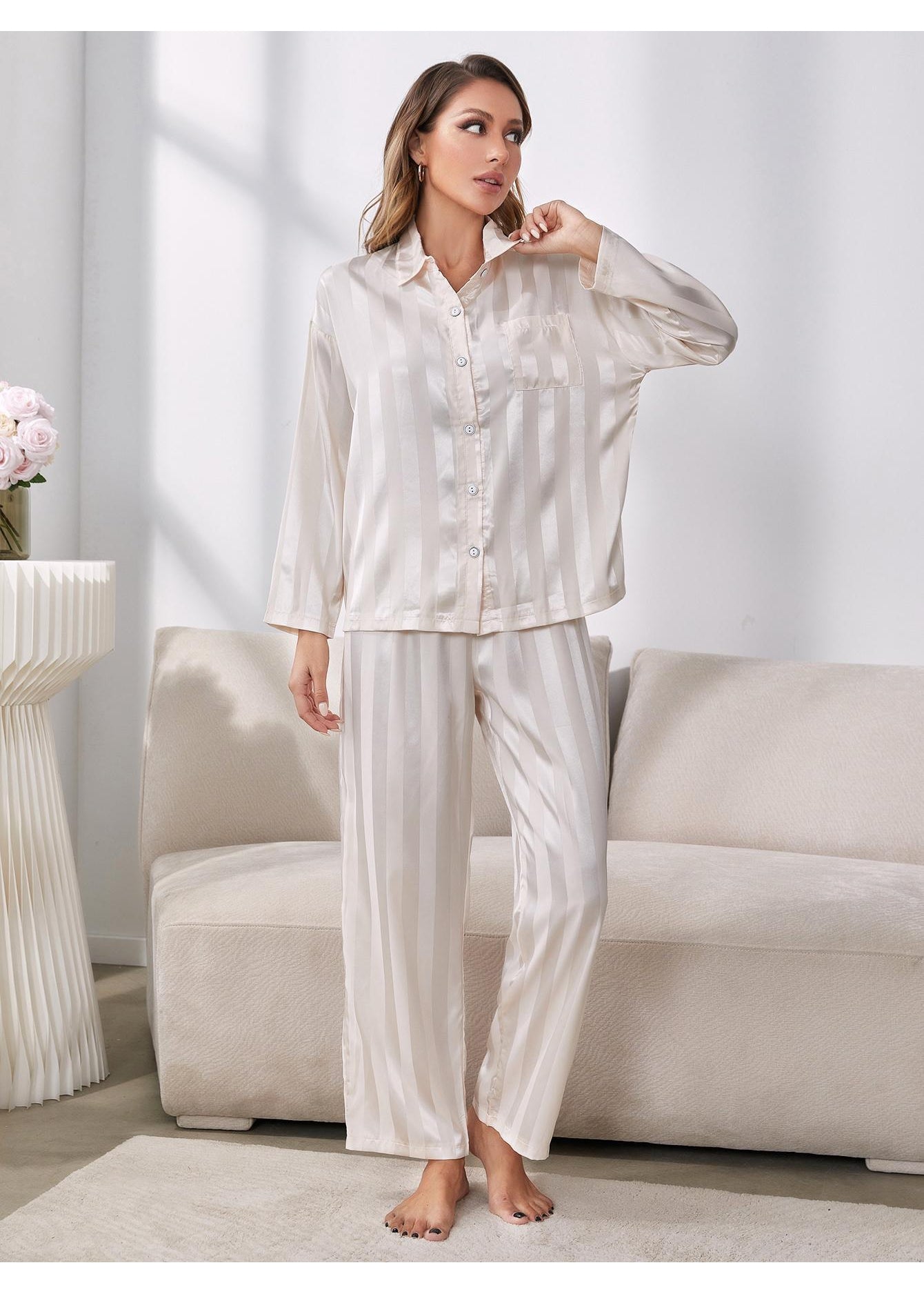 Gray Button-Up Shirt and Pants Pajama Set