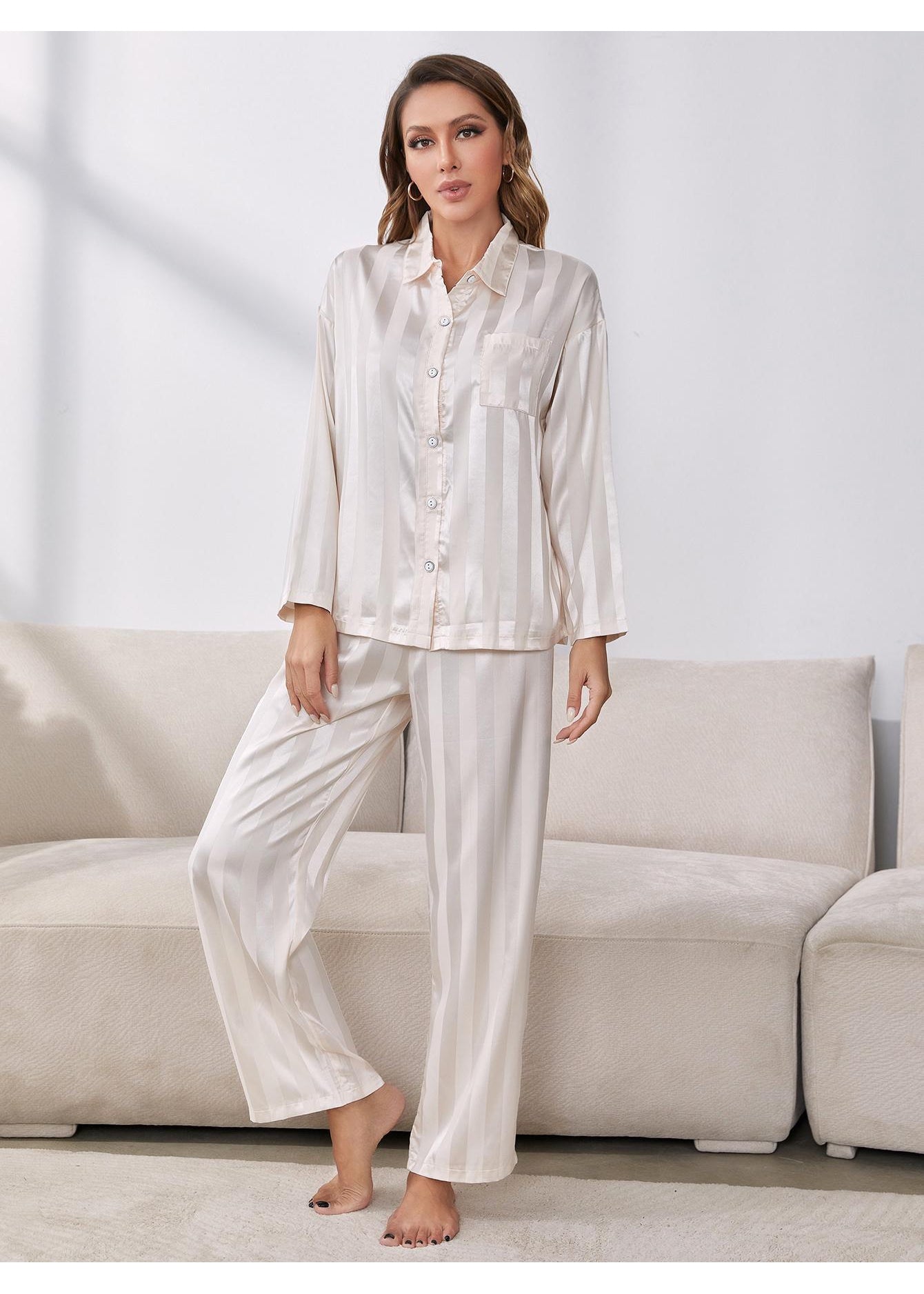 Light Gray Button-Up Shirt and Pants Pajama Set