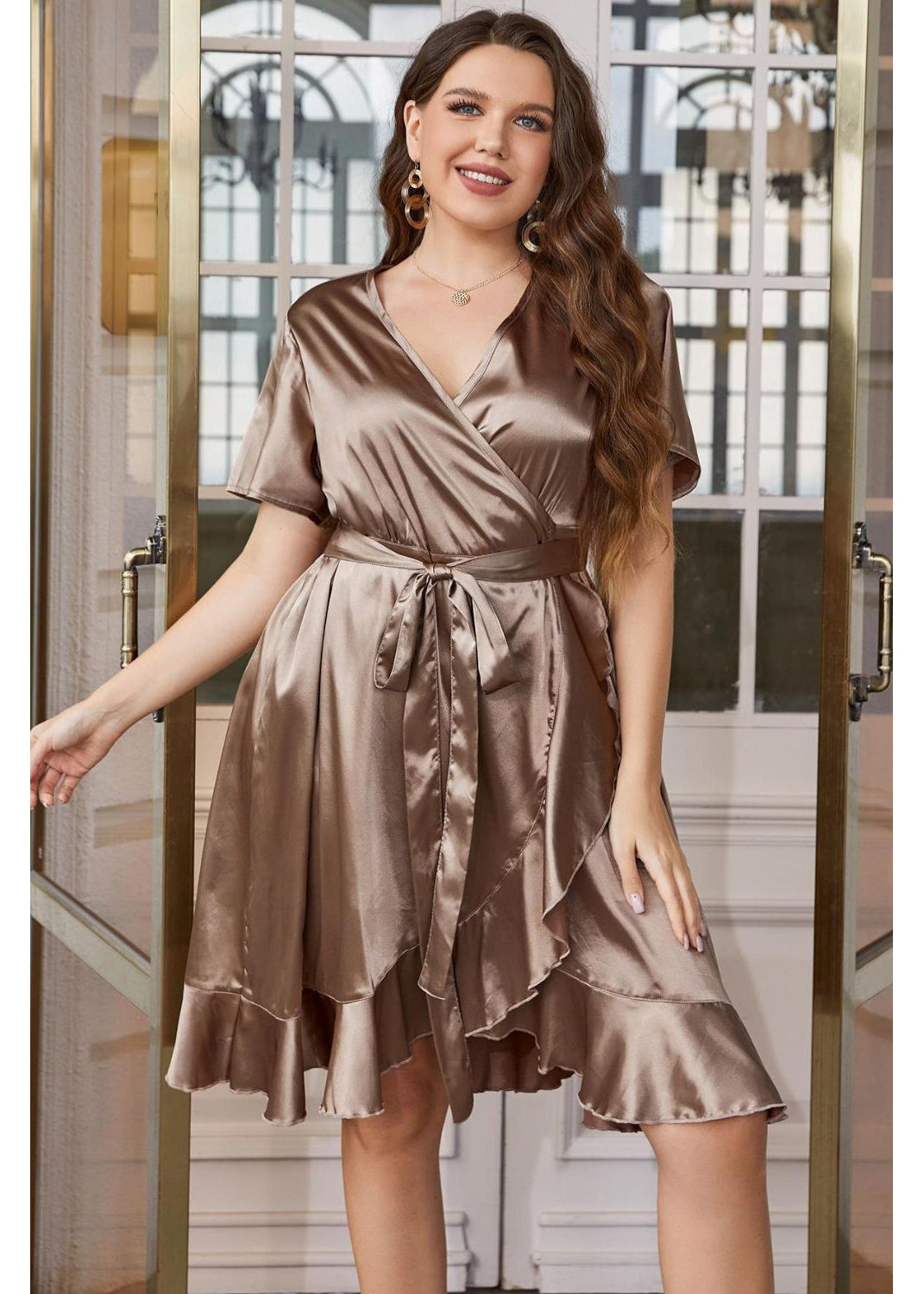 Rosy Brown Plus Size Belted Ruffled Surplice Dress