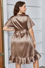 Gray Plus Size Belted Ruffled Surplice Dress
