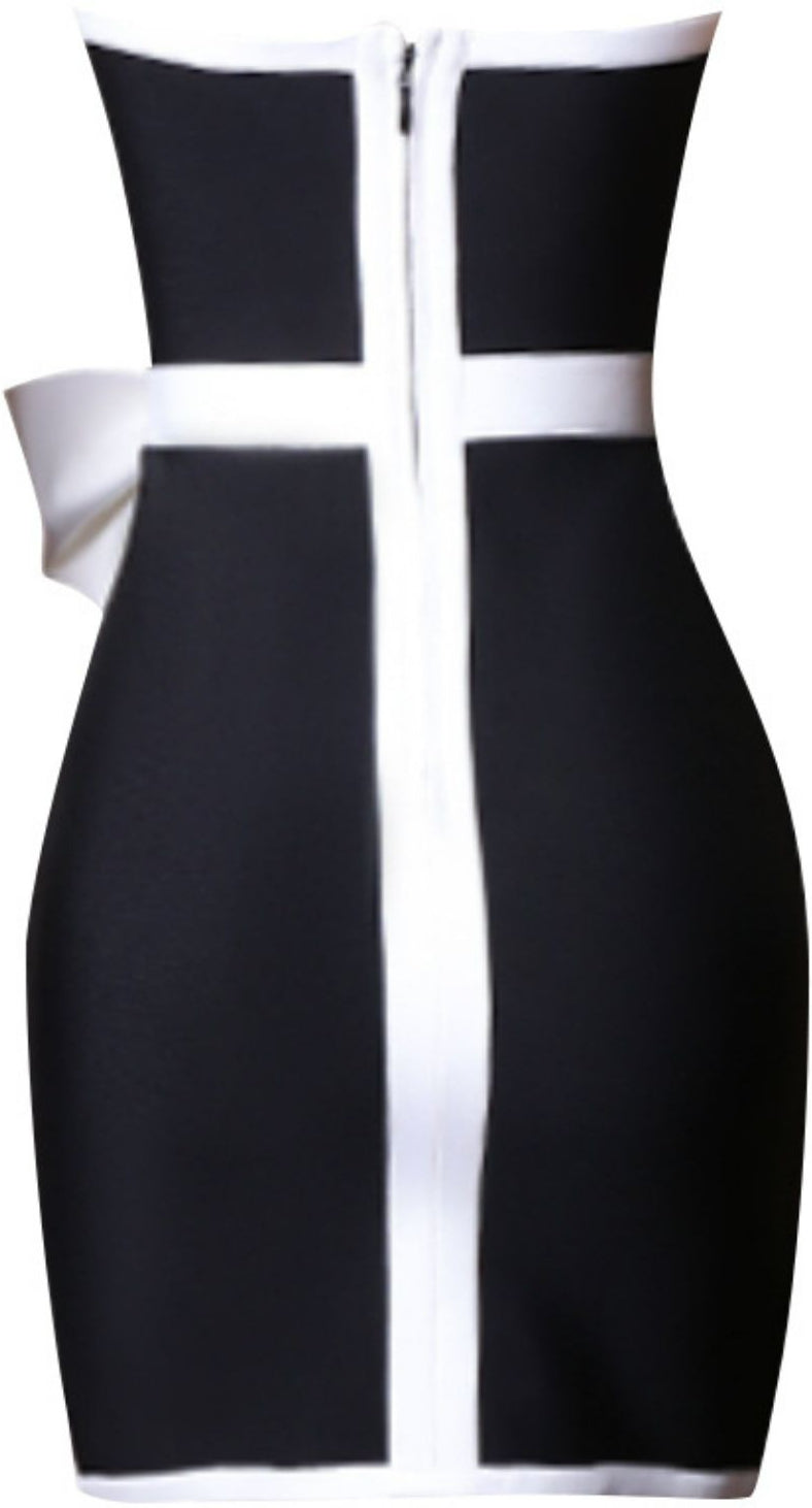 Black Contrast Strapless Bow Detail Mini Dress