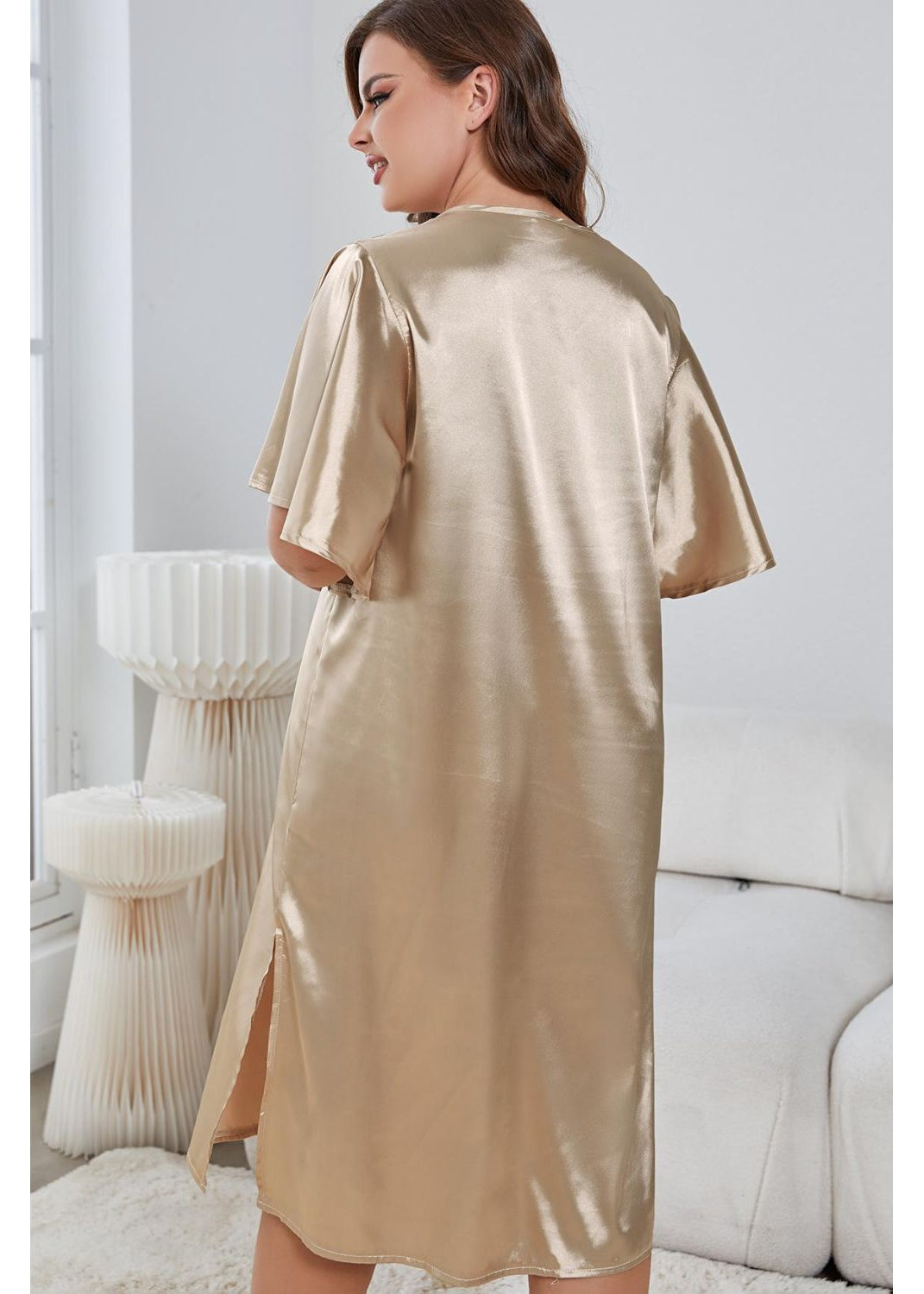 Gray Plus Size Flutter Sleeve V-Neck Side Slit Night Gown