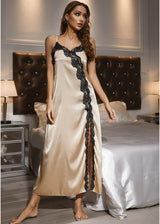 Slate Gray Contrast Lace Trim Spaghetti Strap Split Night Gown