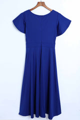 Midnight Blue Flutter Sleeve Surplice Midi Dress