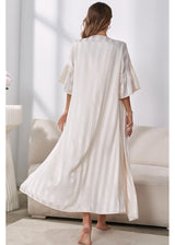 Light Gray Striped Flounce Sleeve Open Front Robe and Cami Dress Set