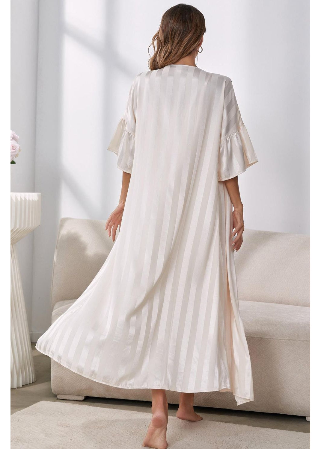 Light Gray Striped Flounce Sleeve Open Front Robe and Cami Dress Set