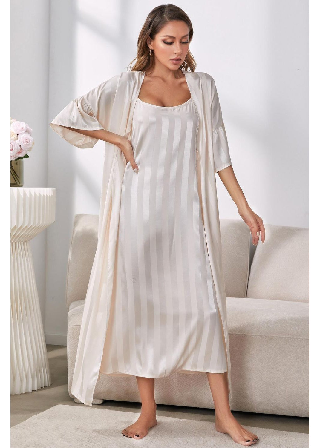 Gray Striped Flounce Sleeve Open Front Robe and Cami Dress Set